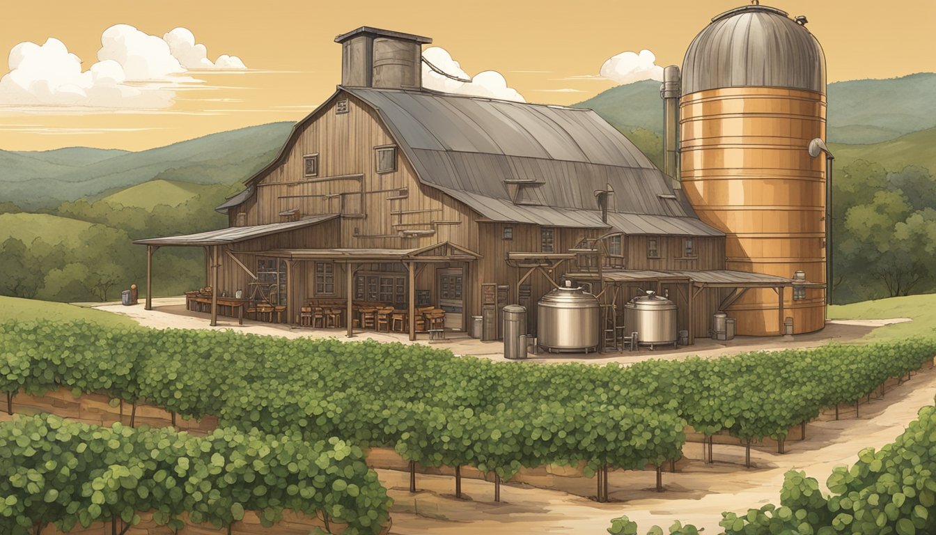 A rustic brewery nestled in the Texas Hill Country, with a sprawling beer garden and a backdrop of rolling hills. A group of hop vines climb up the side of the building, and a large copper brewing kettle sits prominently in the foreground