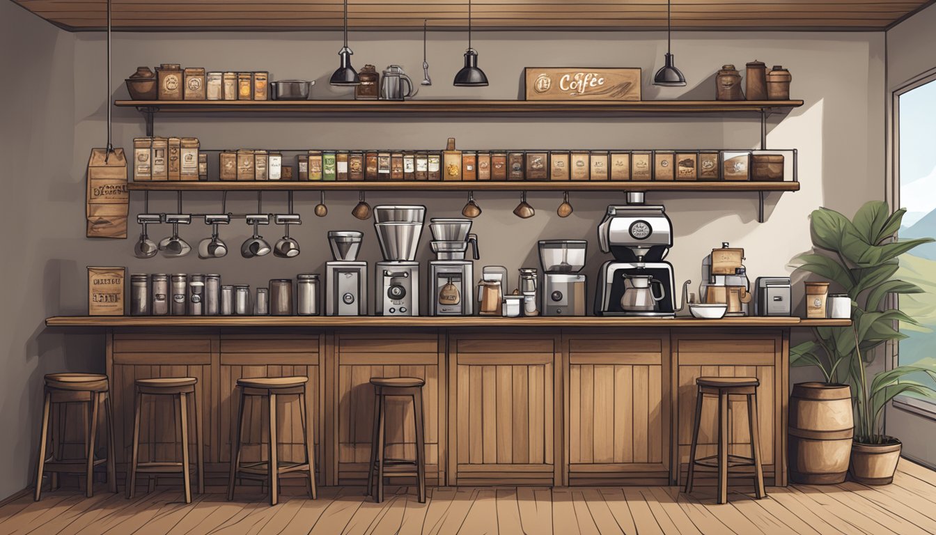 A rustic coffee bar with 8 unique coffee roasters on display, each with their own distinct branding and packaging