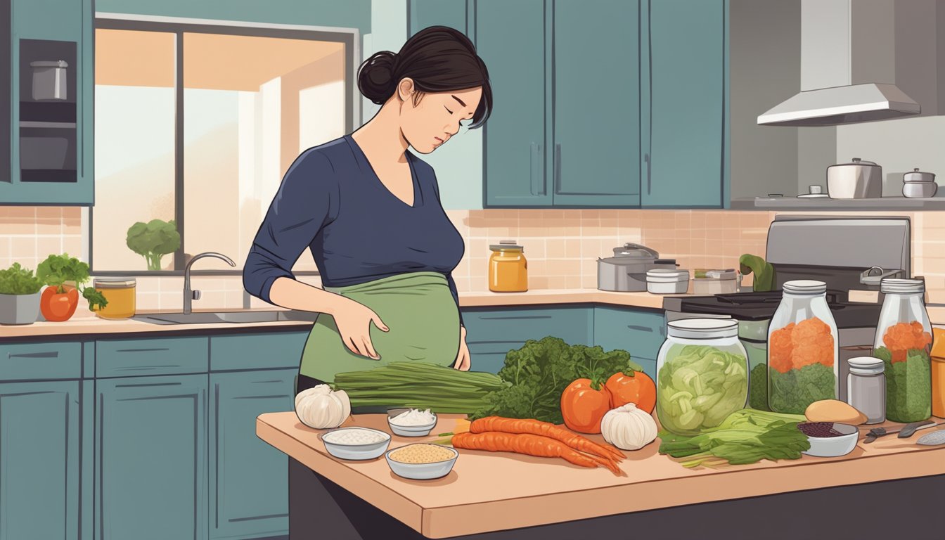 A pregnant woman standing in a kitchen, looking at a jar of kimchi with a concerned expression. Various ingredients and cooking utensils are scattered on the counter