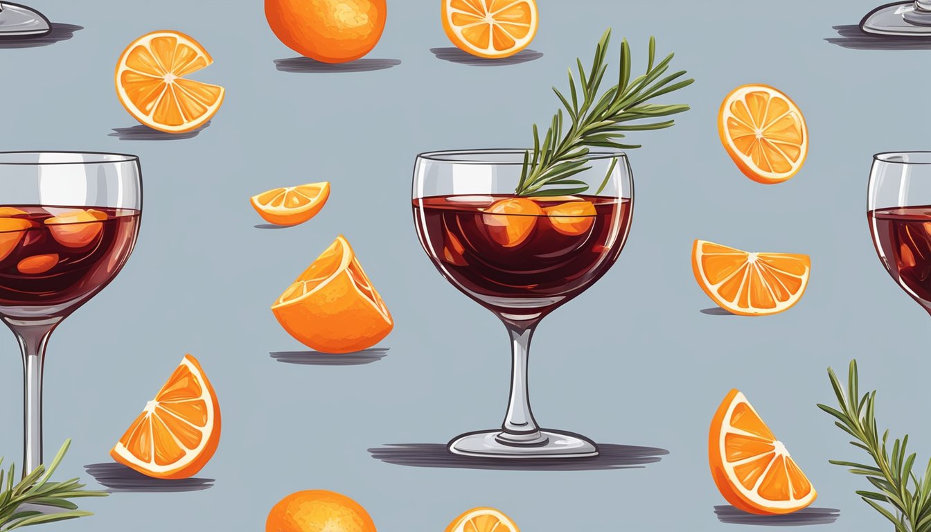 A glass filled with a deep red Negroni cocktail, garnished with a slice of orange and a sprig of fresh rosemary, sits on a marble countertop