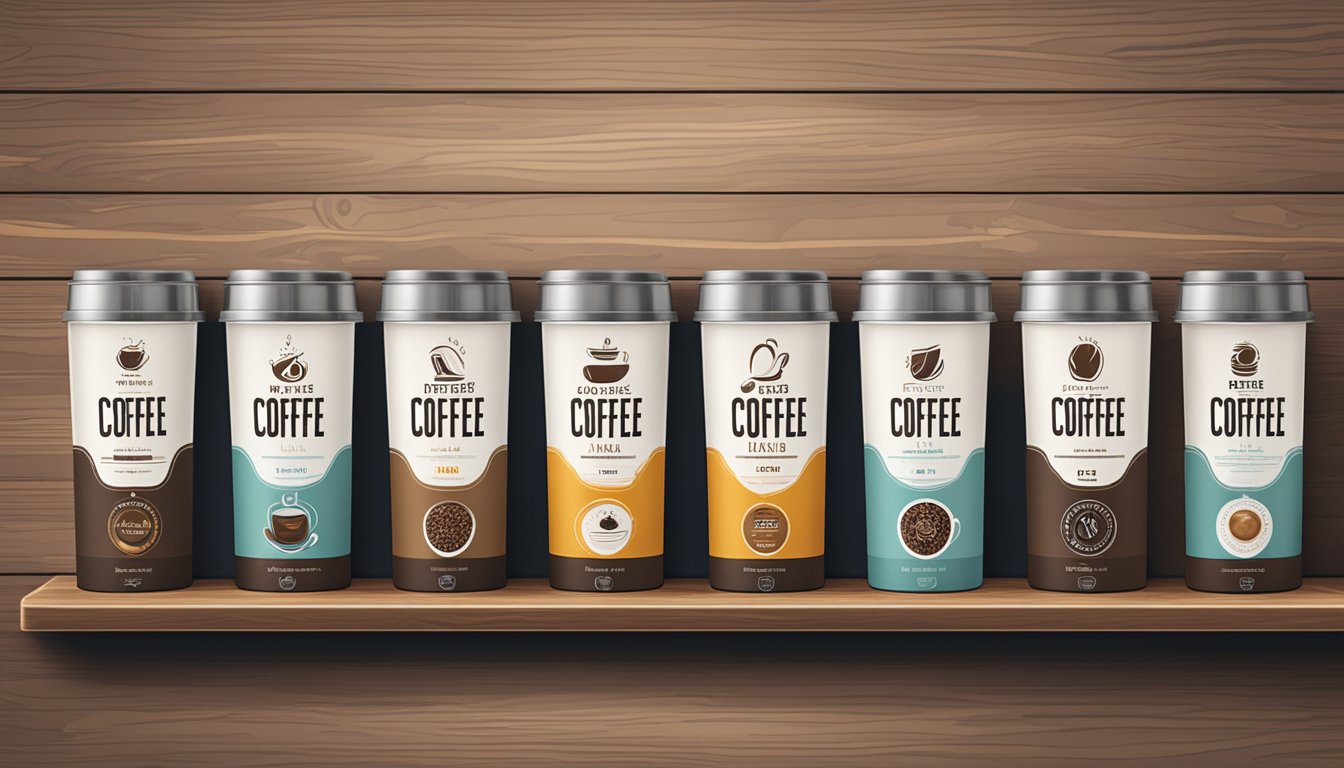 A row of 8 distinct coffee roasters, each with their own unique design and branding, lined up on a rustic wooden shelf