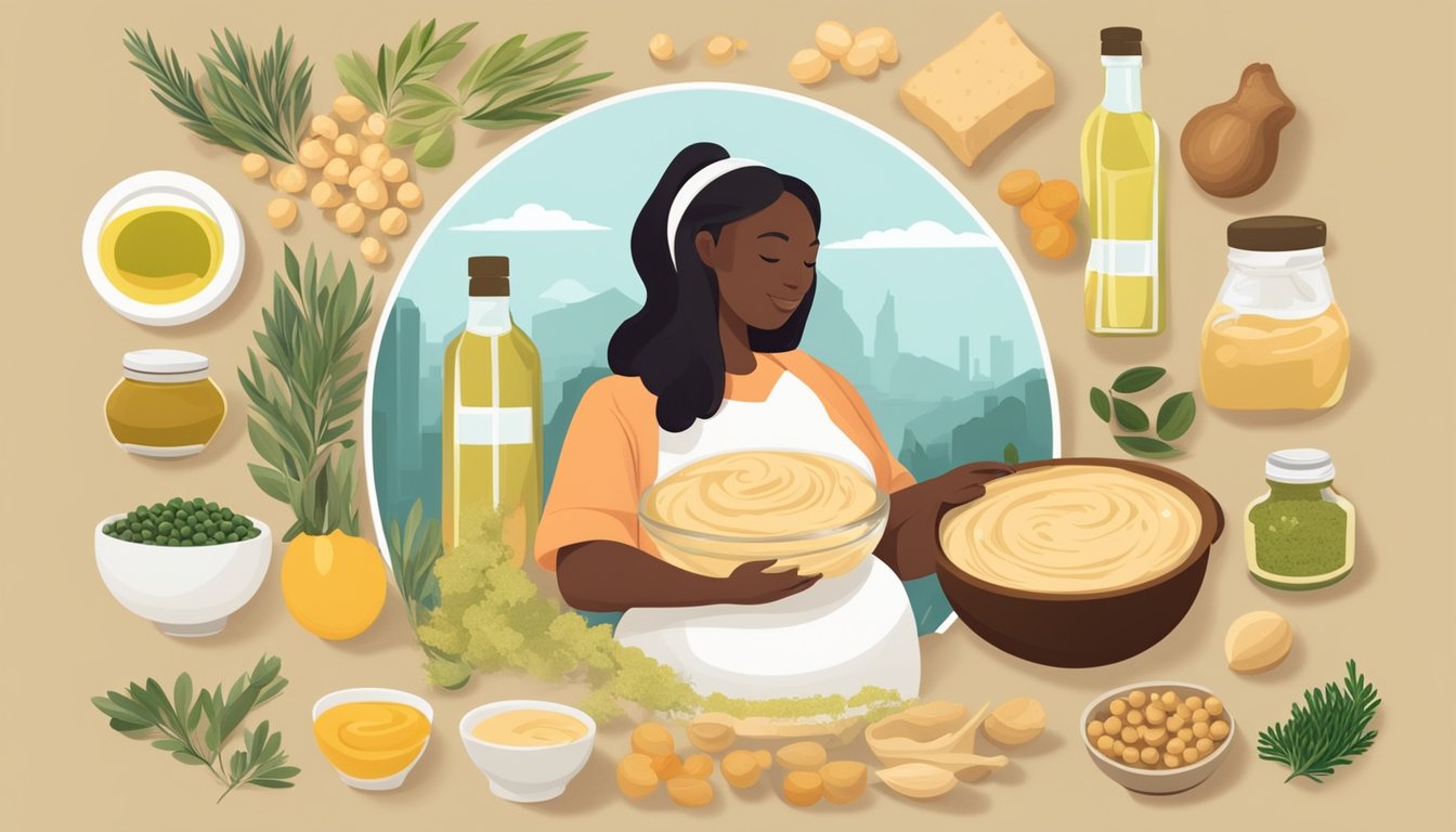 A pregnant woman holding a container of store-bought hummus, surrounded by various ingredients such as chickpeas, olive oil, and garlic