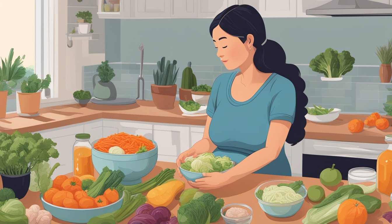 A pregnant woman sitting at a kitchen table, surrounded by various types of fermented foods and fresh vegetables. She is looking at a bowl of kimchi while holding a piece of fruit in her hand