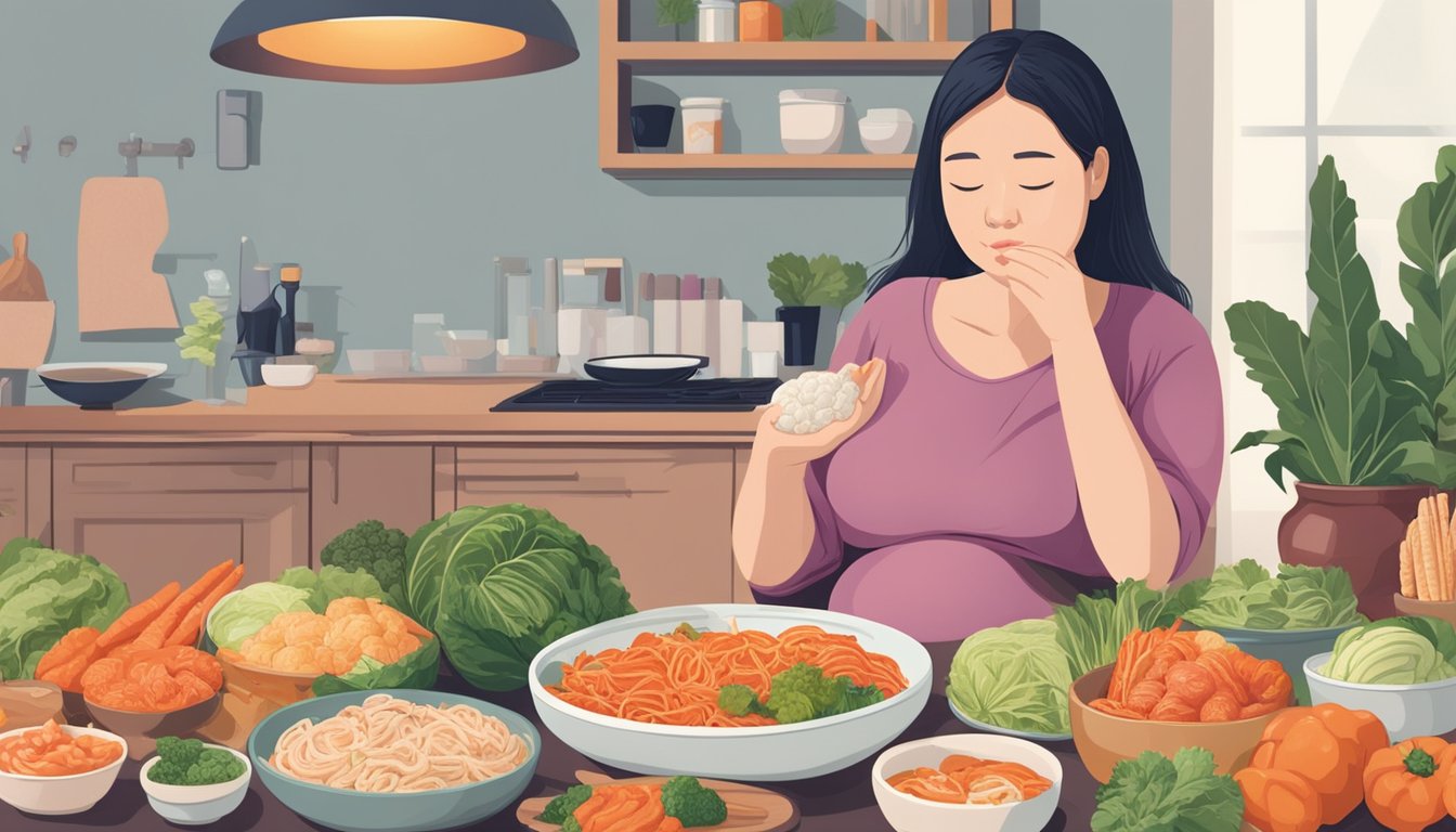 A pregnant woman sitting at a table, surrounded by various foods including kimchi. She looks up with a curious expression while holding her stomach