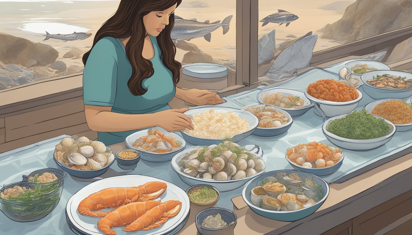 A pregnant woman looking at a map of seafood sources and local advisories, with a plate of raw shellfish in the foreground