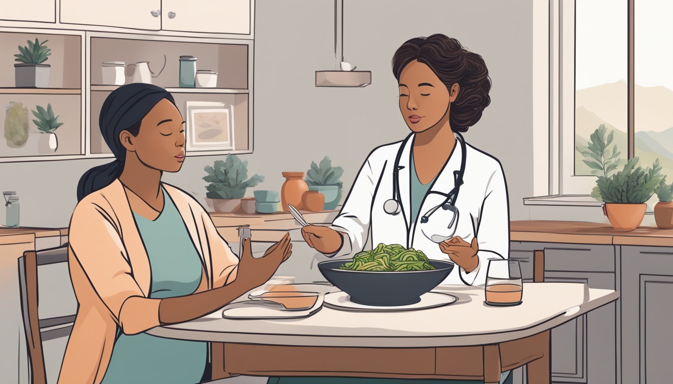 A pregnant woman sitting at a dining table, looking at a bowl of kimchi with a questioning expression. A doctor or nutritionist is gesturing while providing advice