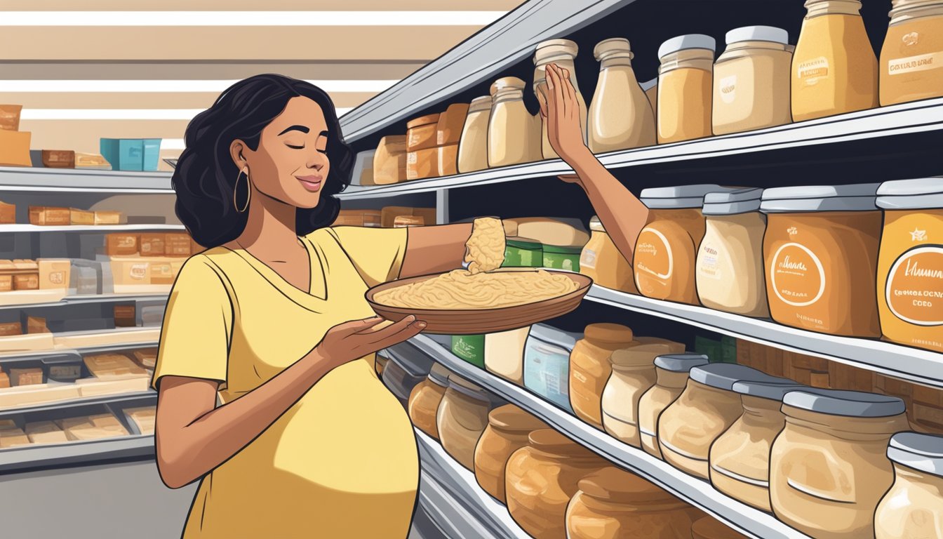 A pregnant woman reaching for a container of store-bought hummus on a grocery store shelf