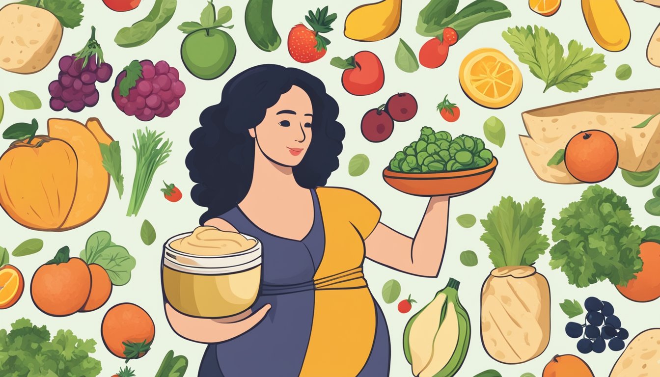 A pregnant woman holding a container of store-bought hummus, with various fruits and vegetables surrounding her, and a question mark hovering above her head