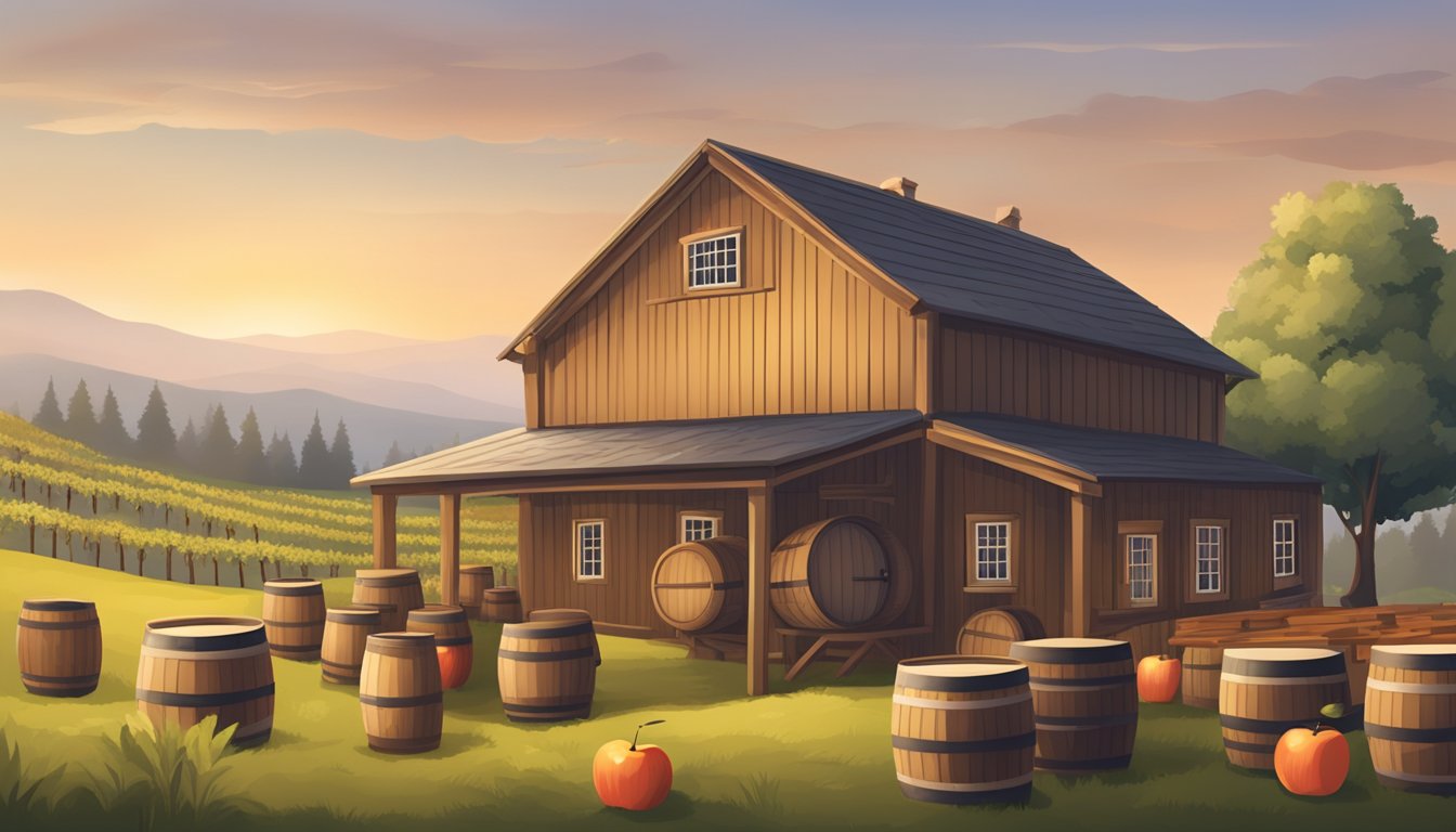 A rustic cider house with barrels, apple orchards, and a cozy tasting room