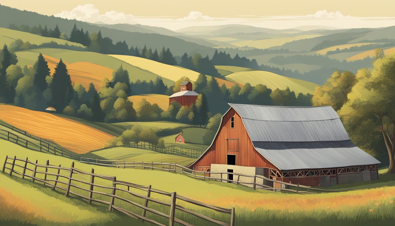 A rustic barn surrounded by rolling hills, with apple orchards in the distance and a sign for "Hye Cider Company" hanging on the front