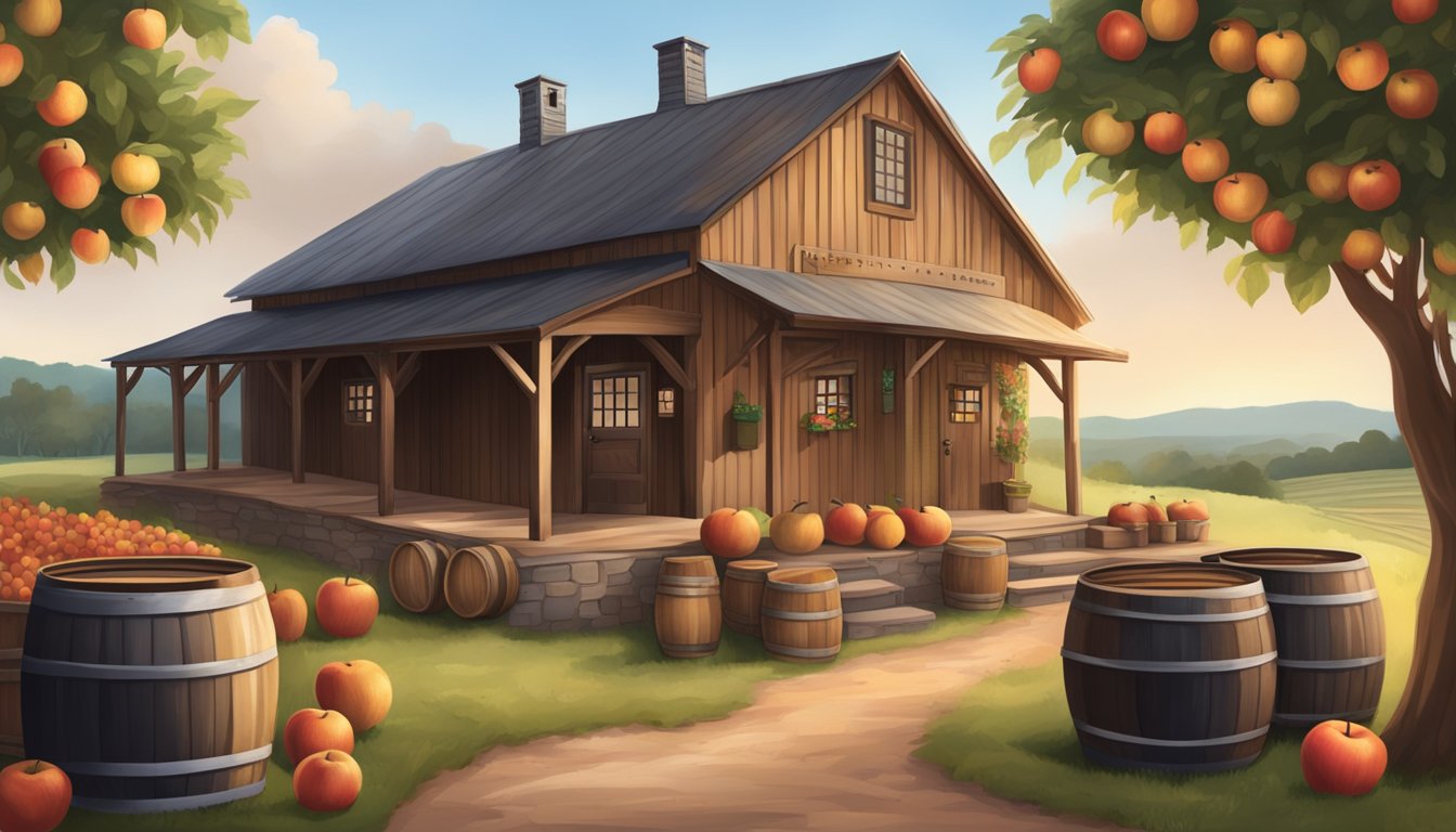 A rustic cider house with barrels, apple orchards, and a cozy tasting room nestled in the Texas countryside