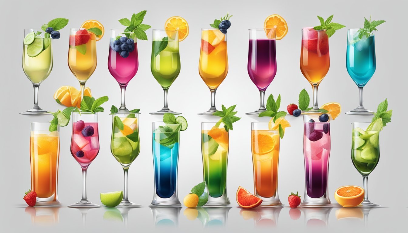 A colorful array of 15 glasses filled with smooth, sweet, and boozy drinks, each garnished with fruit and herbs, arranged on a sleek, reflective surface