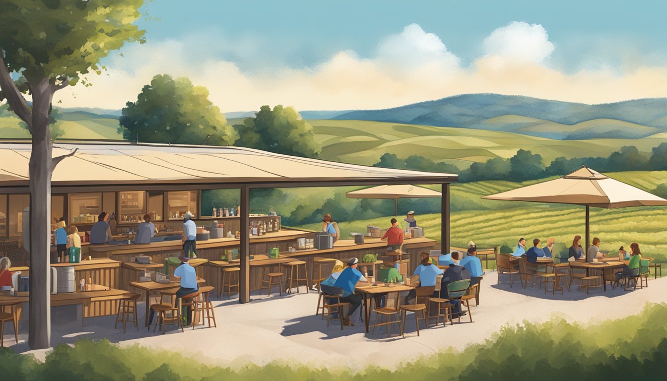 A bustling cidery with outdoor seating, surrounded by rolling Texas hills and a clear blue sky