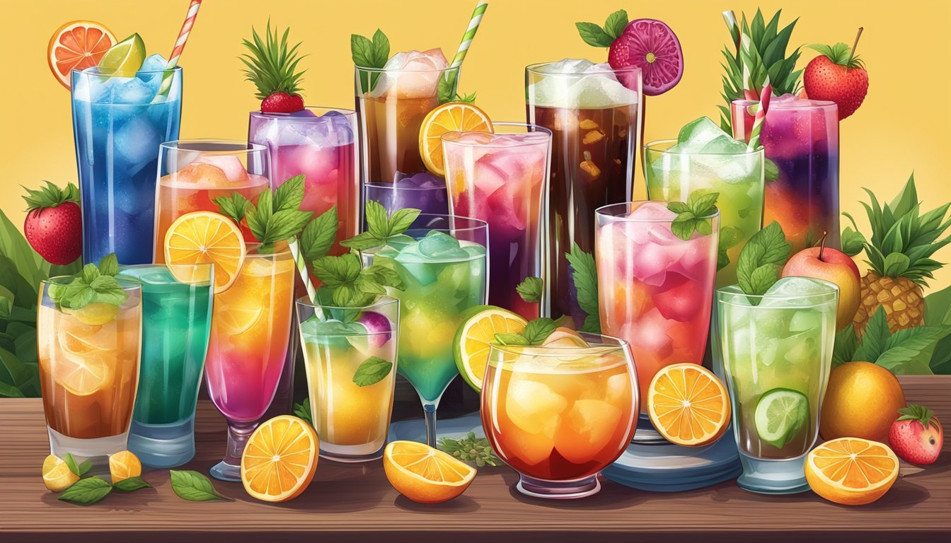 A table with 15 colorful, frosted glasses filled with various smooth, sweet, and boozy drinks, each garnished with different fruits and herbs