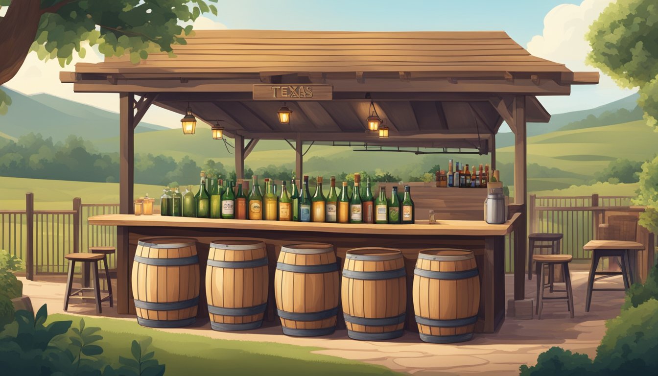 A rustic Texas cidery with wooden barrels, a tasting bar, and a cozy outdoor seating area surrounded by rolling hills and lush greenery