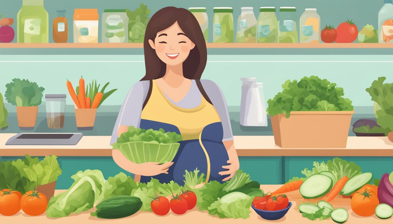 A pregnant woman holding a store-bought salad, with various ingredients such as lettuce, tomatoes, cucumbers, and carrots displayed on a table