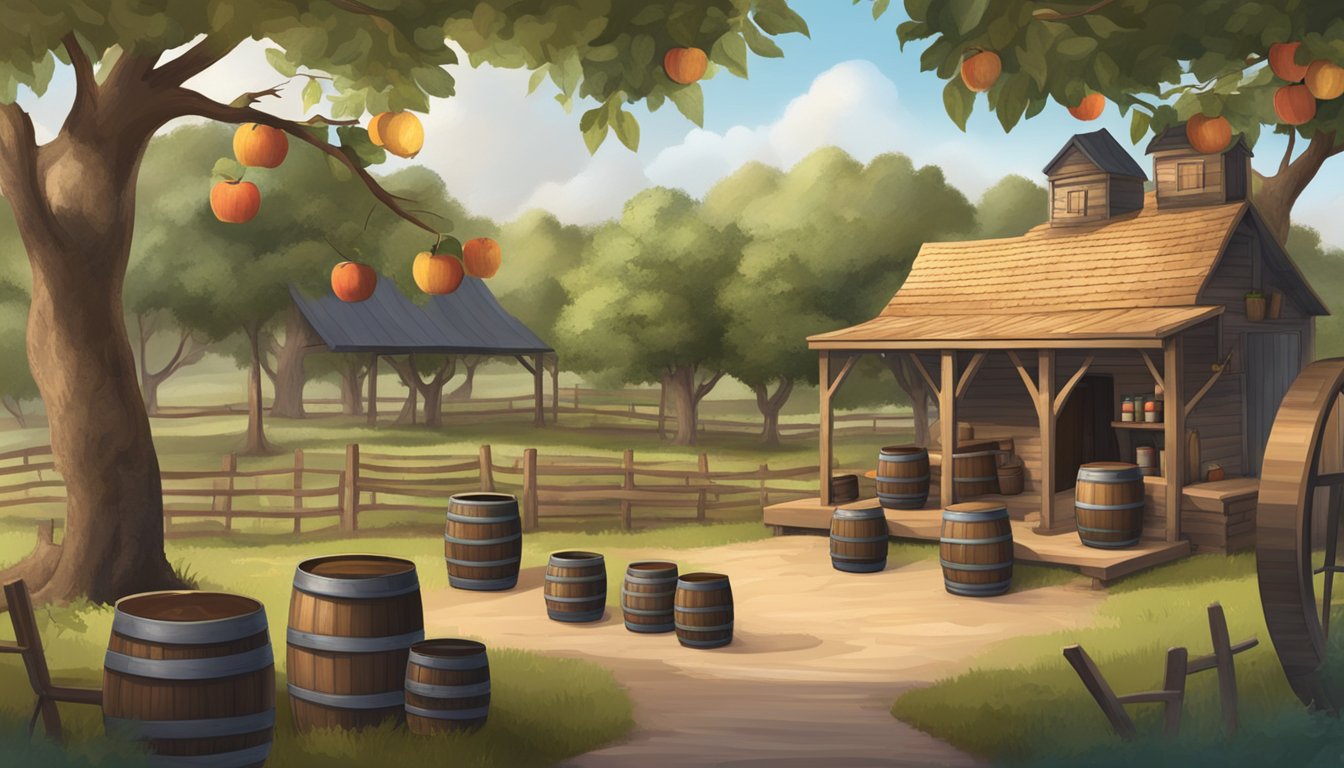 A rustic Texas cider house with barrels, apple trees, and a cozy tasting area