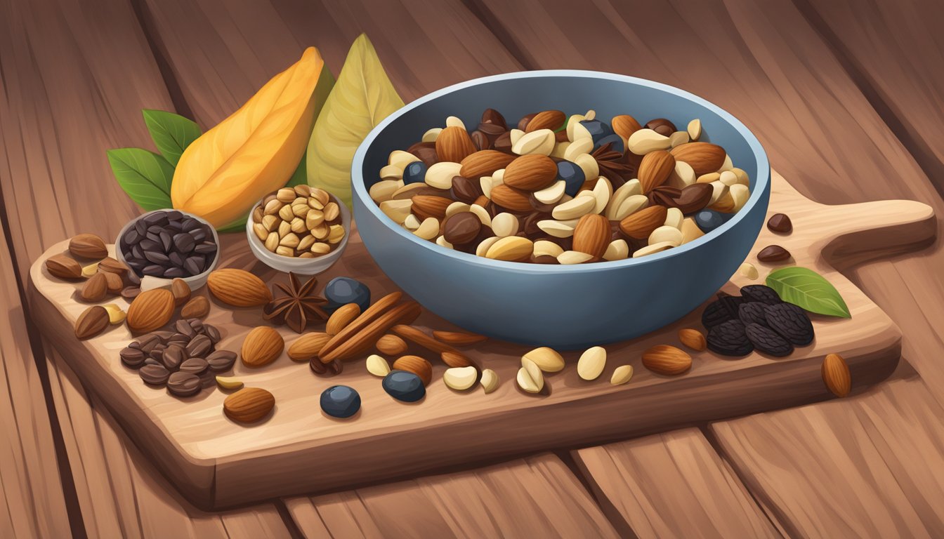 A bowl of trail mix ingredients: nuts, seeds, dried fruits, and chocolate chips, arranged on a wooden cutting board