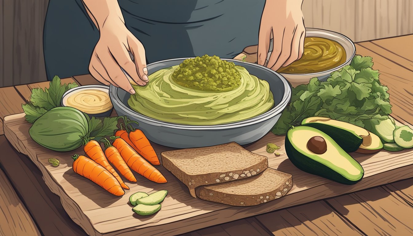 A pregnant woman enjoying a spread of safe alternatives to traditional pâté, such as hummus, avocado, and vegetable terrine, on a rustic wooden serving board