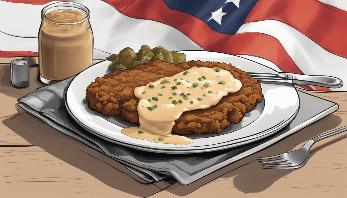 A sizzling chicken fried steak on a white plate, surrounded by mashed potatoes and gravy, with a Texan flag in the background