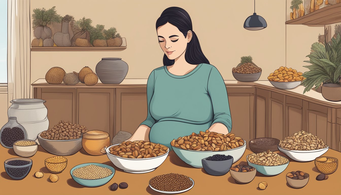 A pregnant woman sitting at a table, surrounded by a variety of nuts, seeds, and dried fruits, with a bowl of trail mix in front of her