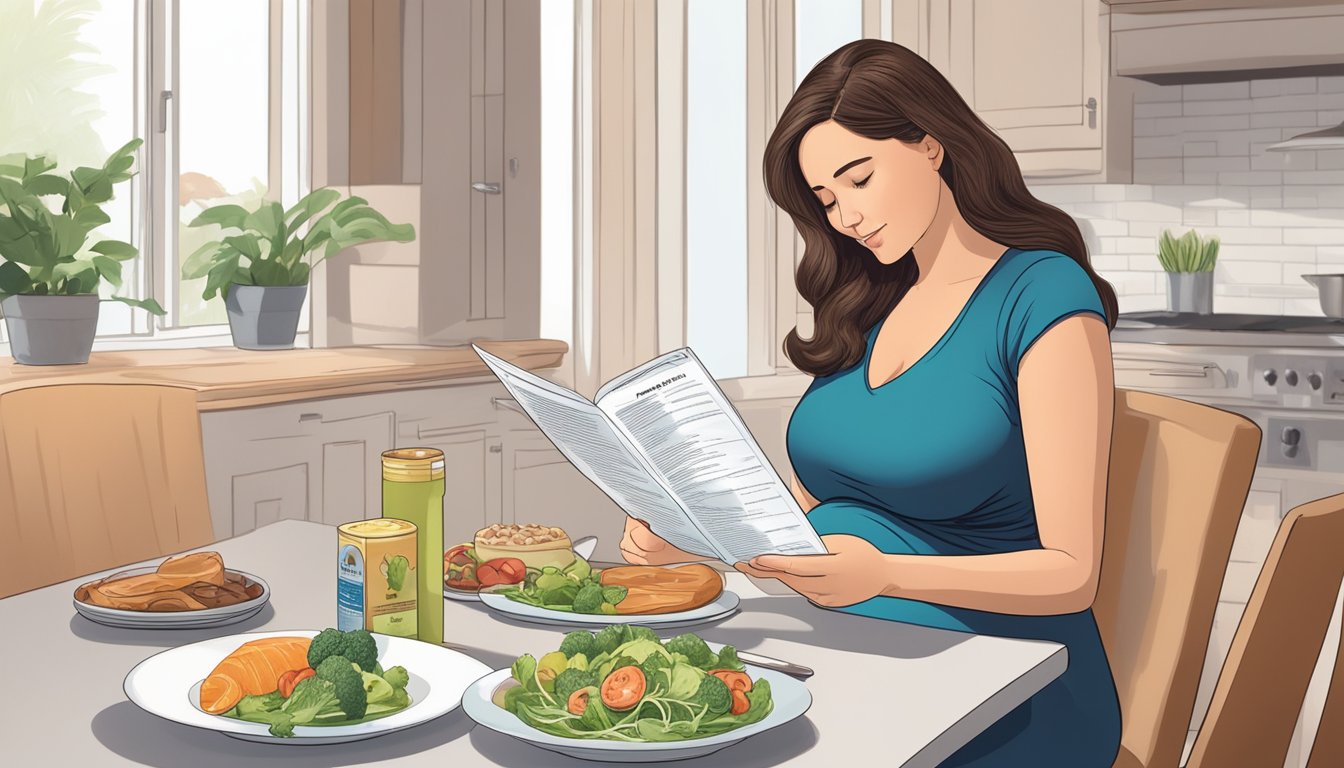 A pregnant woman sitting at a dining table, carefully reading food labels and consulting a nutritionist's guidebook