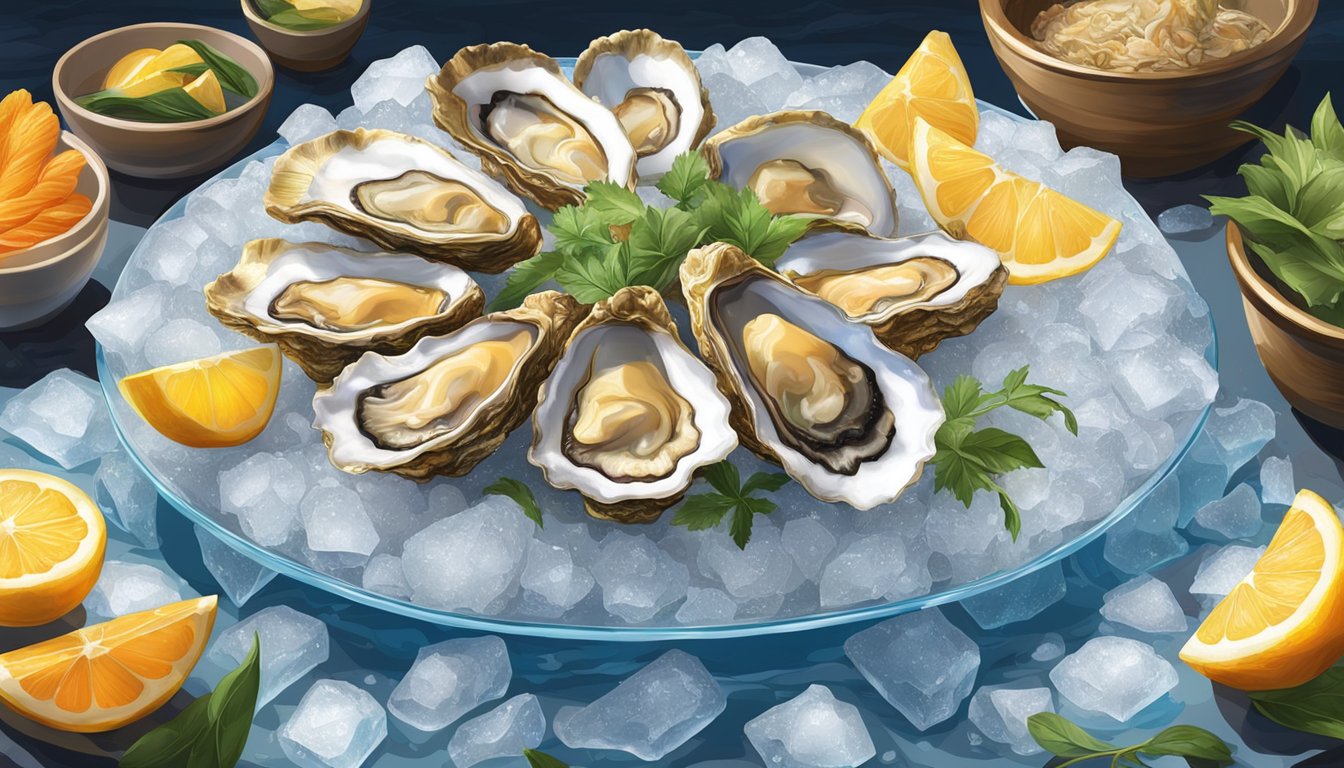 A platter of golden-brown Gulf oysters on a bed of ice, surrounded by vibrant garnishes and set against a backdrop of the Kemuri Tatsu-ya restaurant