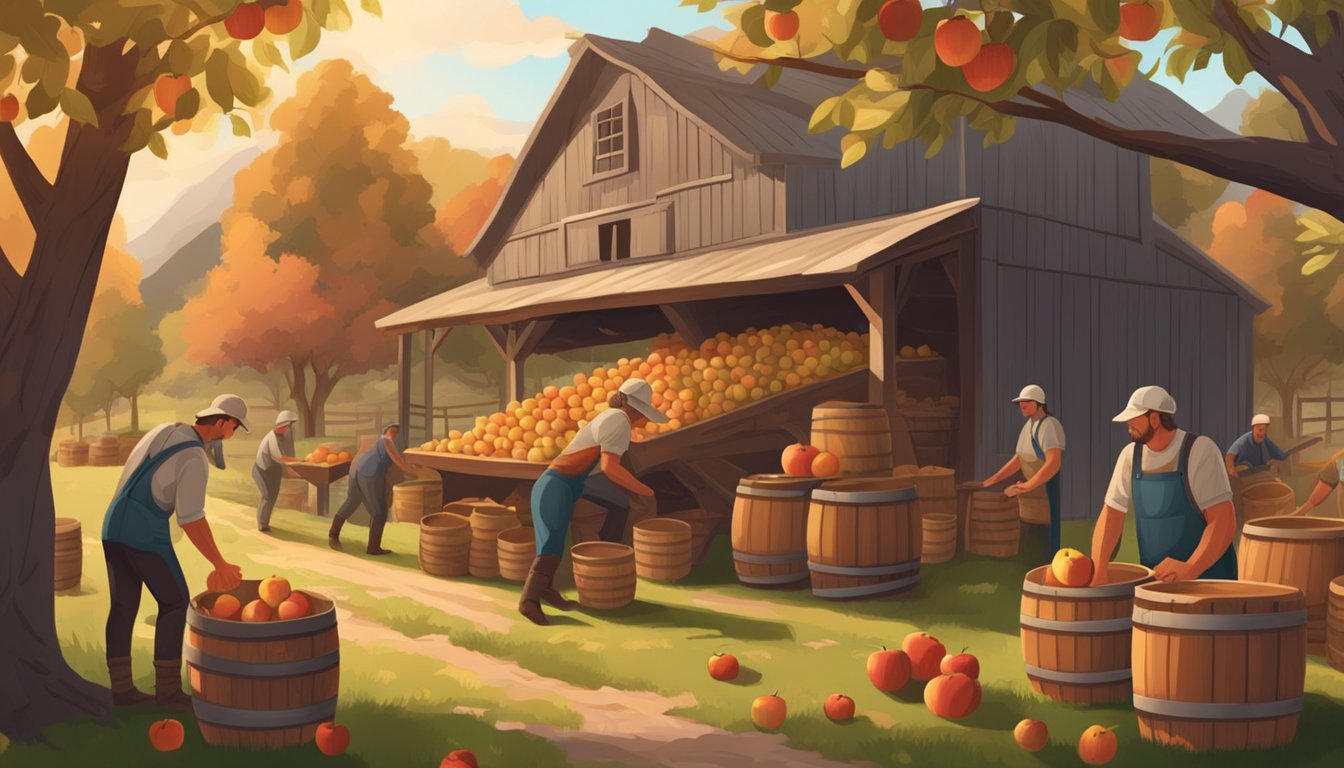 A rustic apple orchard with workers picking and sorting apples, a large wooden press crushing the fruit, and barrels fermenting in a cozy cider house