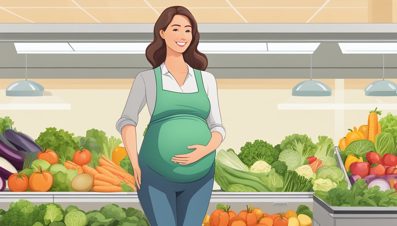 A pregnant woman standing in front of a display of fresh vegetables and fruits, with homemade salads on one side and store-bought salads on the other