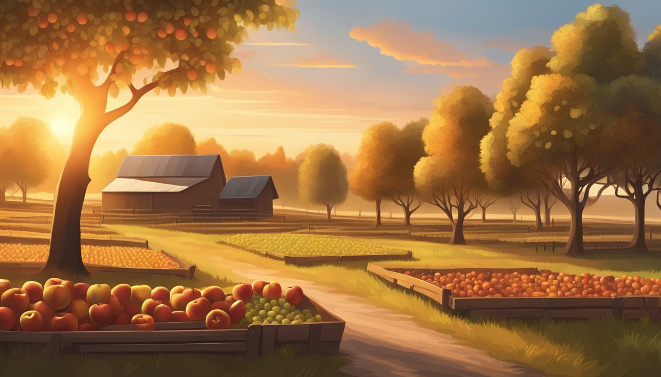 A rustic apple orchard with rows of trees heavy with fruit, a wooden cider press in the background, and a warm, golden sunset casting a glow over the scene