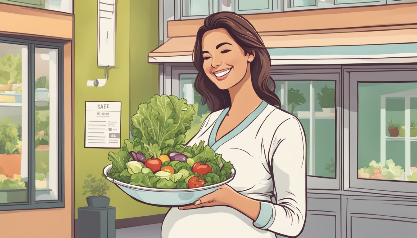 A pregnant woman holding a store-bought salad with a label showing safe preparation practices. She is smiling and confidently enjoying her meal