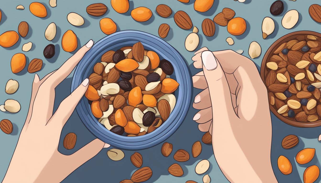 A pregnant woman reaching for a bowl of trail mix with various nuts, seeds, and dried fruits, with a glass of water on the side