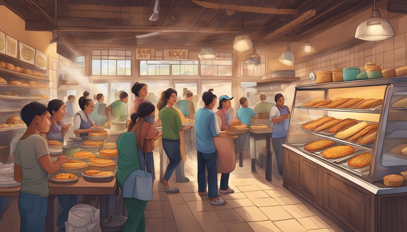 A bustling bakery with steaming tacos on display, surrounded by eager customers