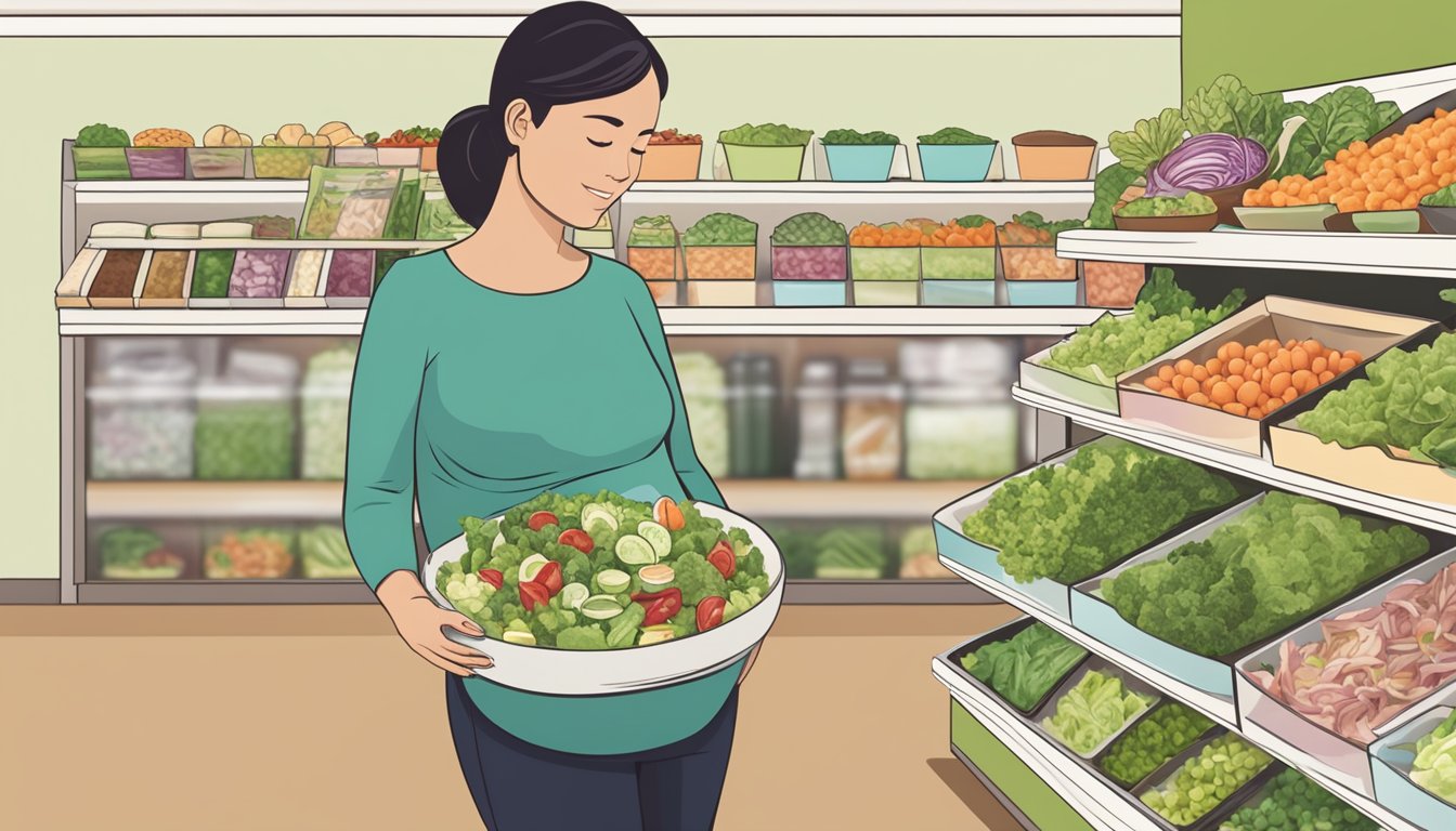 A pregnant woman standing in front of a display of various store-bought salads, with labels indicating specific salad types suitable for pregnancy