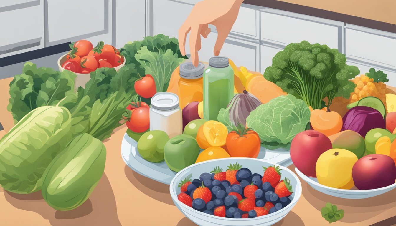 A pregnant woman's hand reaching for a variety of fresh fruits and vegetables on a kitchen counter, alongside a prenatal vitamin bottle