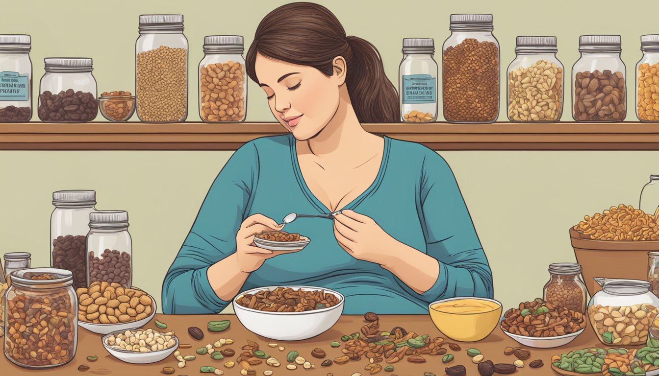 A pregnant woman sits at a table, surrounded by various types of trail mix. She reads a book titled "Safe Consumption Practices for Expecting Mothers."