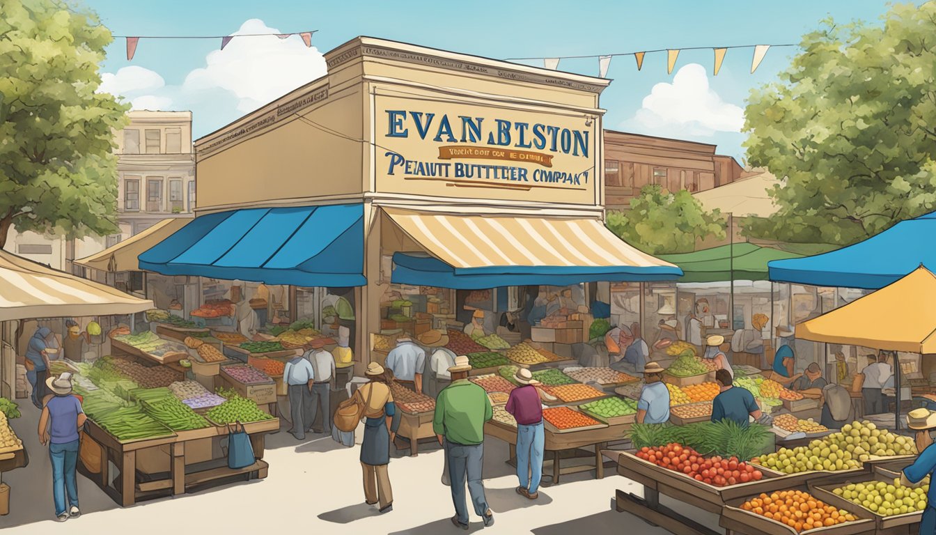 A bustling outdoor market with a colorful array of fresh produce and a sign for "Evan's Galveston Peanut Butter Company."