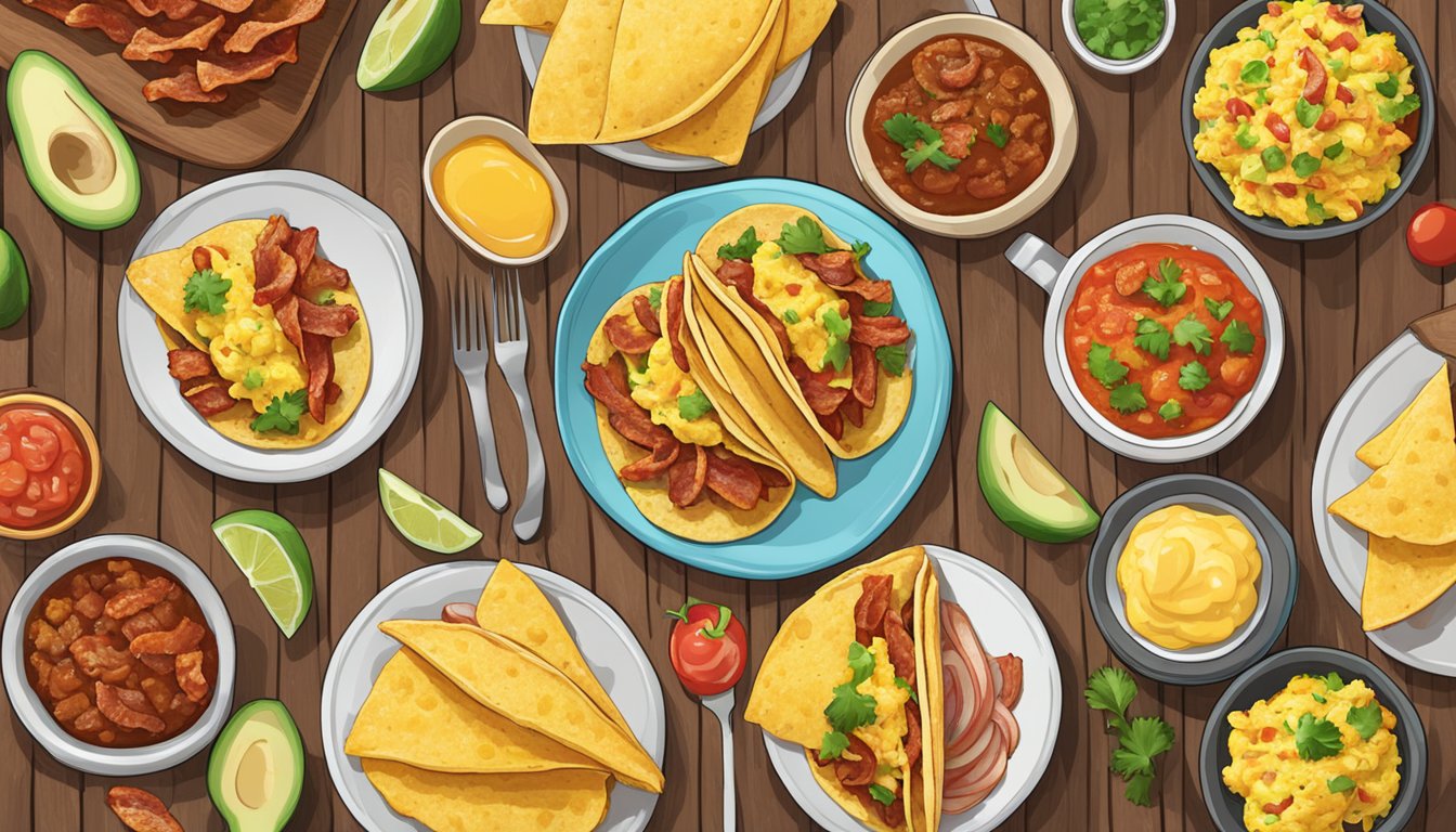 A colorful array of breakfast tacos spread out on a rustic wooden table, with sizzling bacon, fluffy scrambled eggs, and fresh salsa