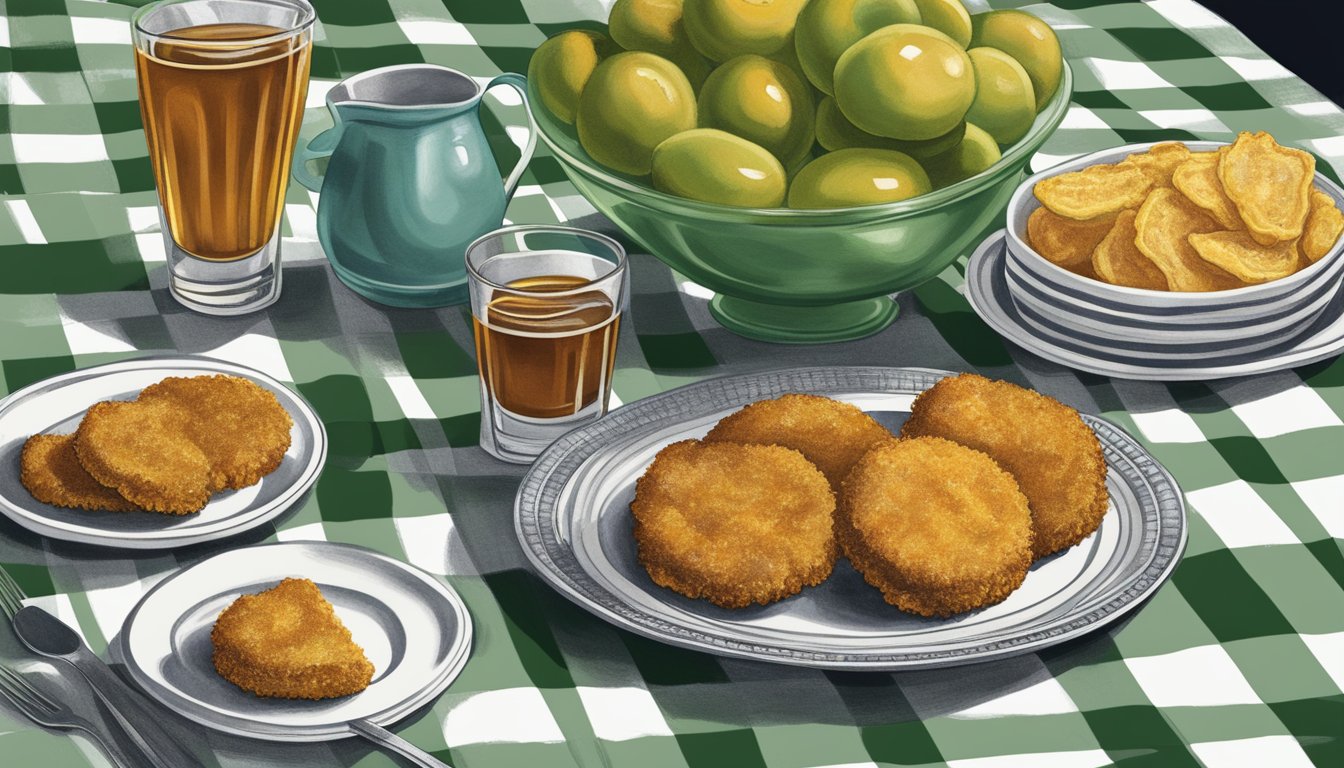 A table set with a checkered tablecloth, a plate of golden fried green tomatoes, and a vintage glass of sweet tea at Babe's Chicken Dinner House in Carrollton, Texas