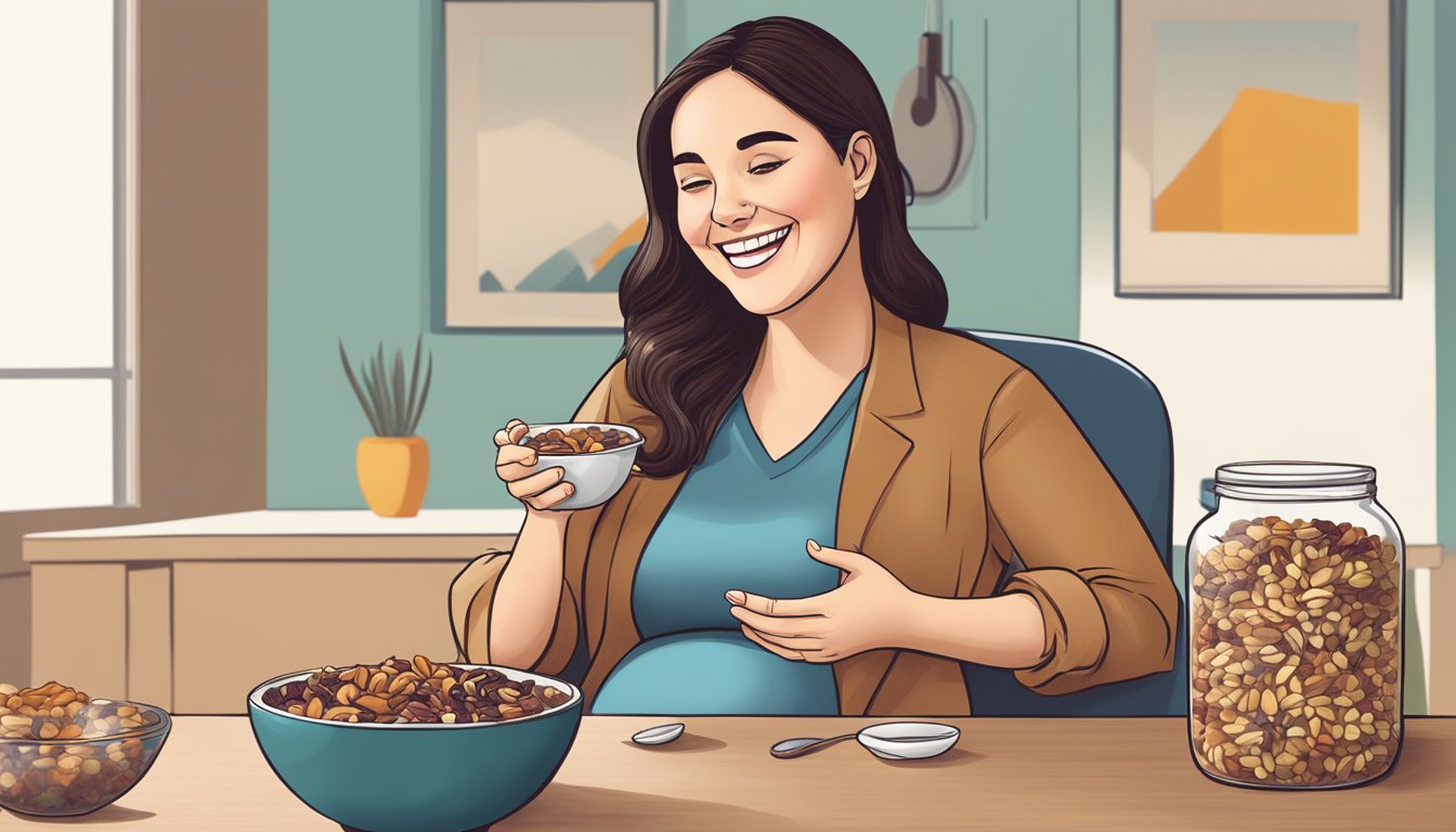 A pregnant woman in her first trimester sits at a table, enjoying a bowl of trail mix filled with nuts, seeds, and dried fruit. She smiles as she eats, feeling confident in her healthy snack choice