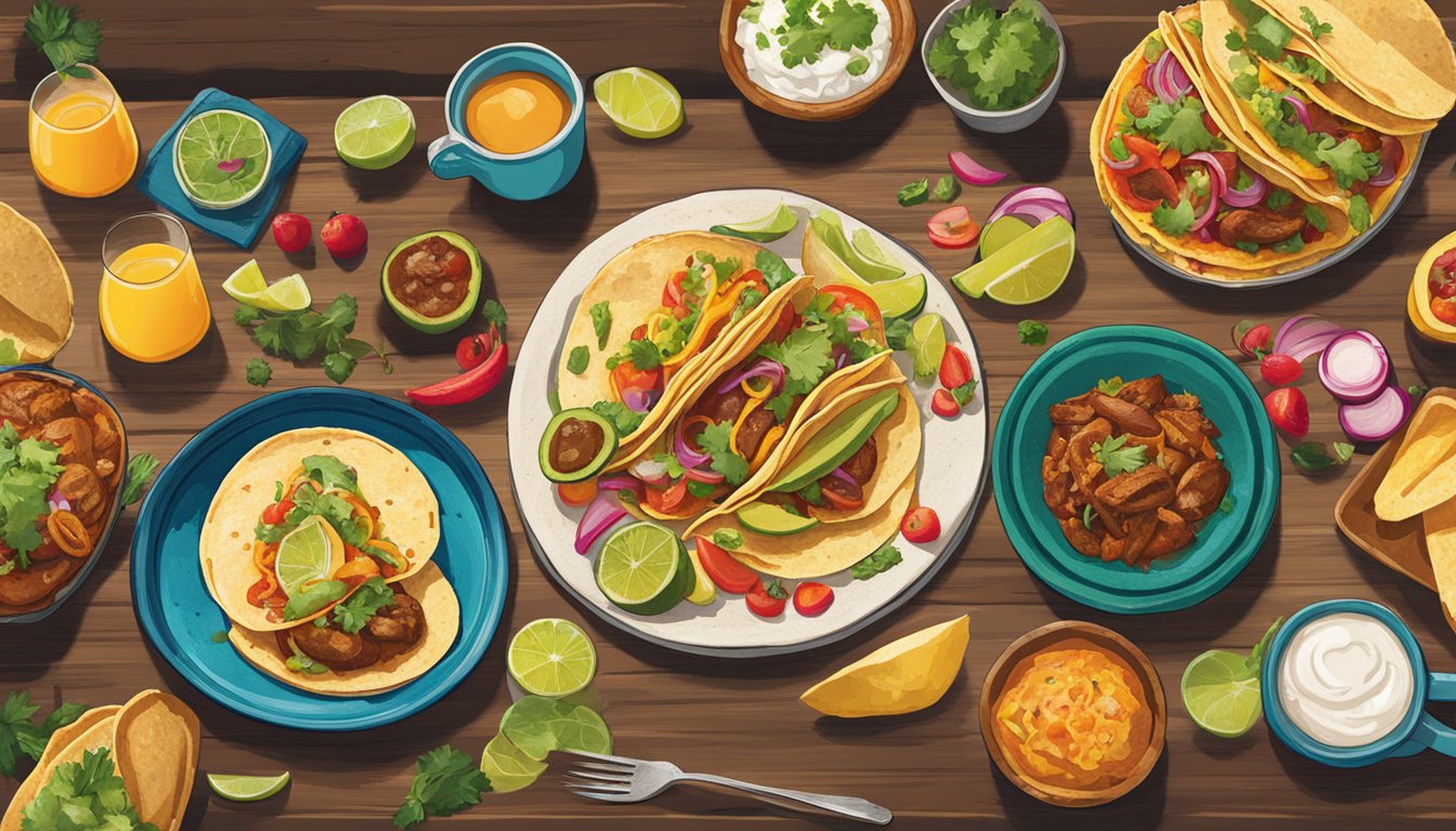 A colorful spread of breakfast tacos on a rustic table, surrounded by vibrant Mexican decor and the bustling atmosphere of the Tastemaker Awards