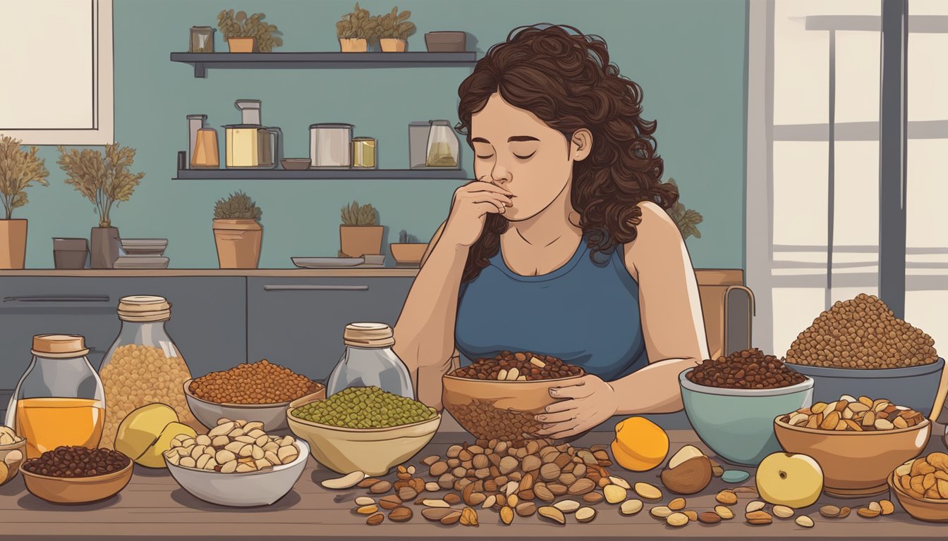 A pregnant woman sitting at a table, surrounded by various nuts, seeds, and dried fruits, with a concerned expression on her face as she looks at a bag of trail mix