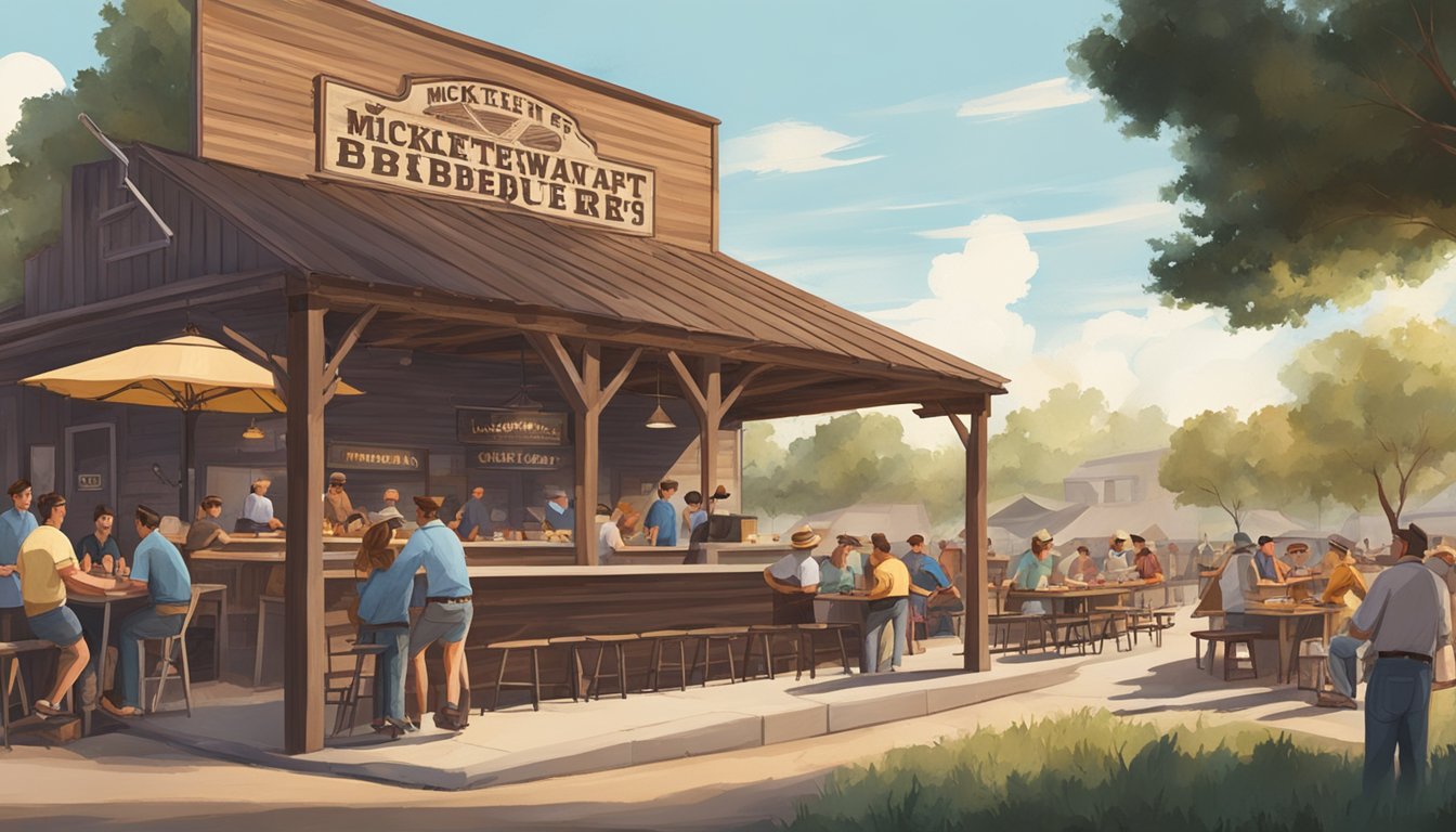 A rustic Texas barbecue joint with a smoky outdoor pit, surrounded by picnic tables and a bustling crowd. A large sign proclaims "Micklethwait Craft Meats" above the entrance