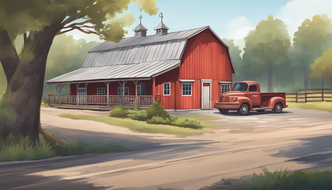 A rustic restaurant with a red barn exterior, surrounded by trees and a gravel parking lot. A sign with the restaurant's name hangs above the entrance