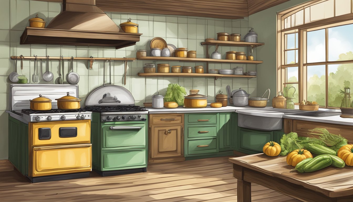 A rustic kitchen with a vintage stove, jars of pickled vegetables, and a plate of golden fried green tomatoes