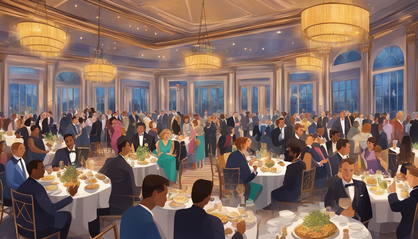 A crowded ballroom, filled with elegantly dressed guests sampling dishes from various Texan restaurants. A stage adorned with awards and a spotlight shining on the winners