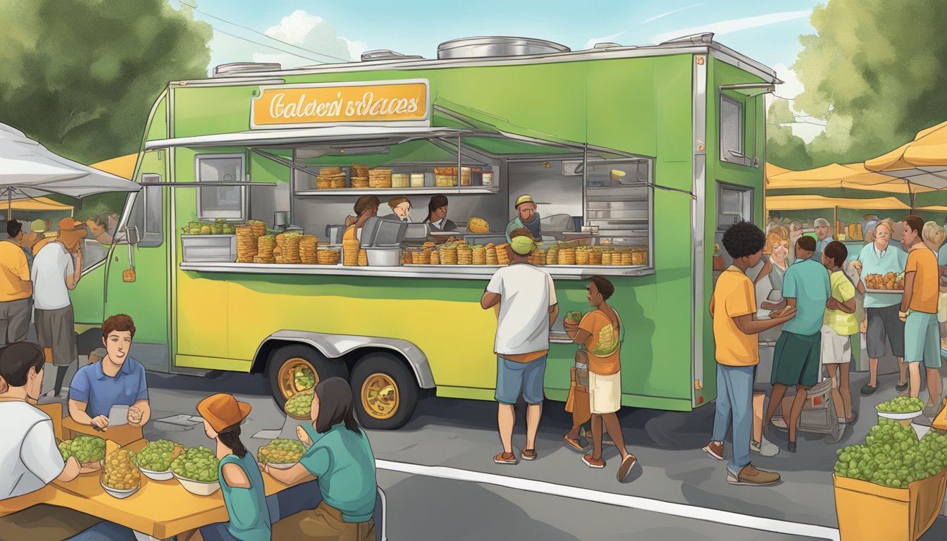 A bustling food truck surrounded by eager customers, serving up crispy golden fried green tomatoes with a side of tangy dipping sauce