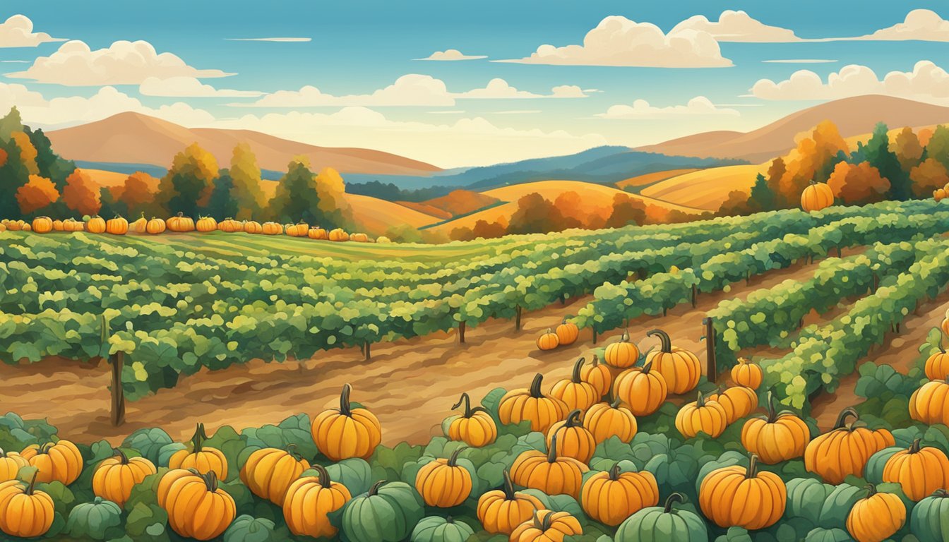 A sprawling pumpkin patch with colorful gourds and vines, set against a backdrop of rolling hills and a bright blue sky