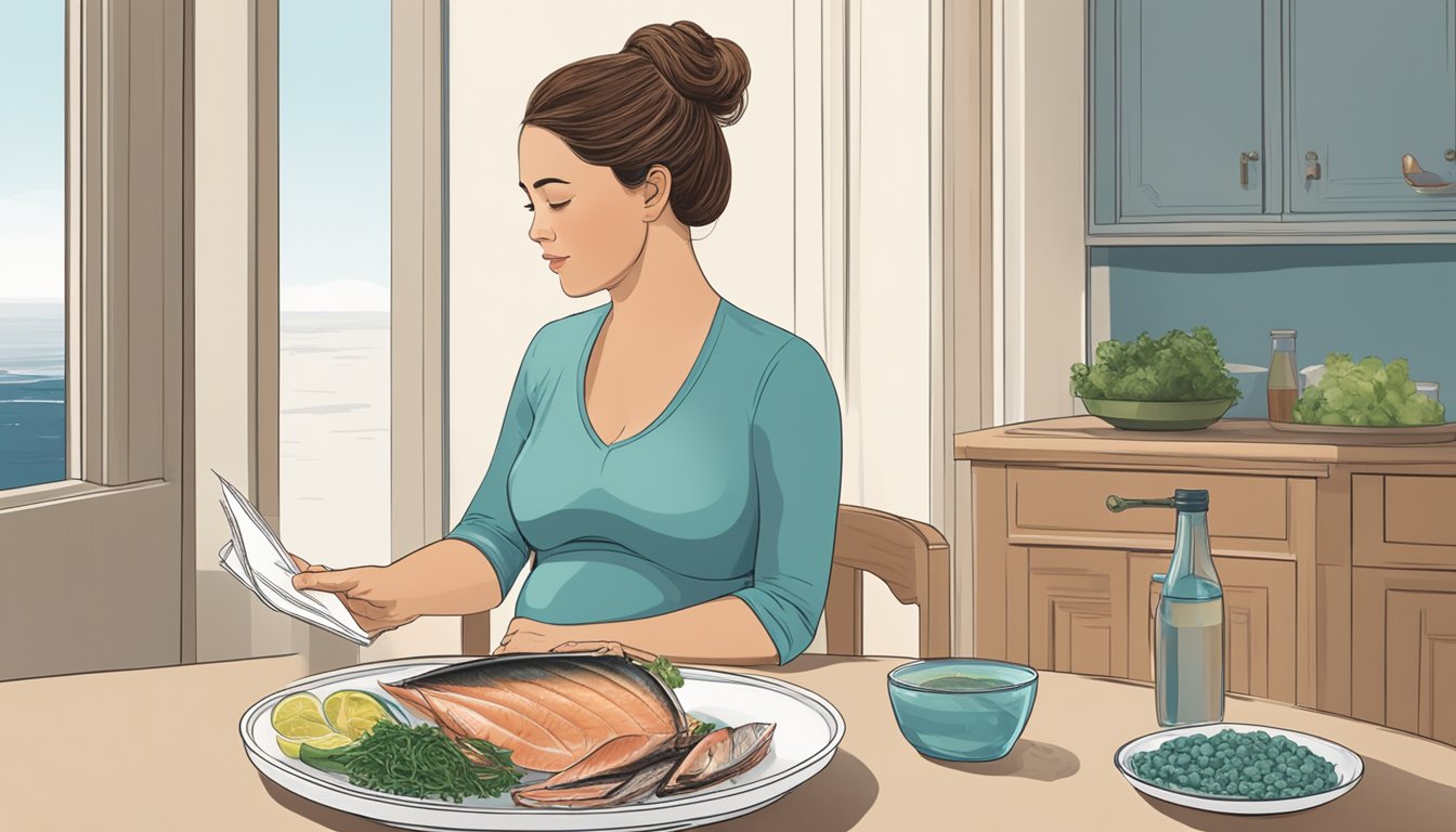 A pregnant woman sitting at a table with a plate of cooked tuna, a glass of water, and a pamphlet on safe seafood consumption