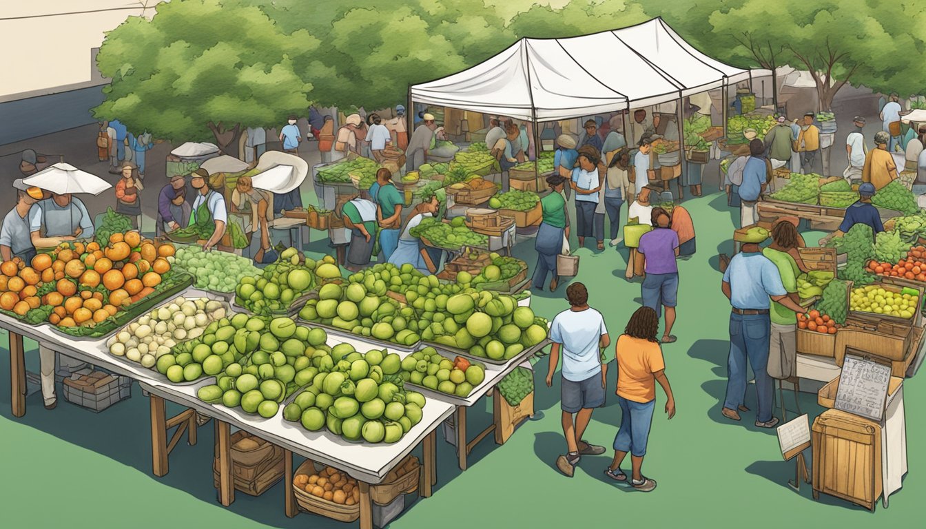 A bustling outdoor farmers' market with vendors selling fresh green tomatoes and a sign for the "Best Fried Green Tomatoes in Texas" at The Phoenix - College Station